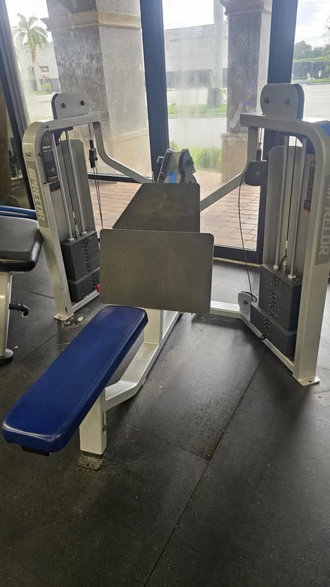 a well-equipped gym with various exercise equipment, including a blue bench and a weight machine.